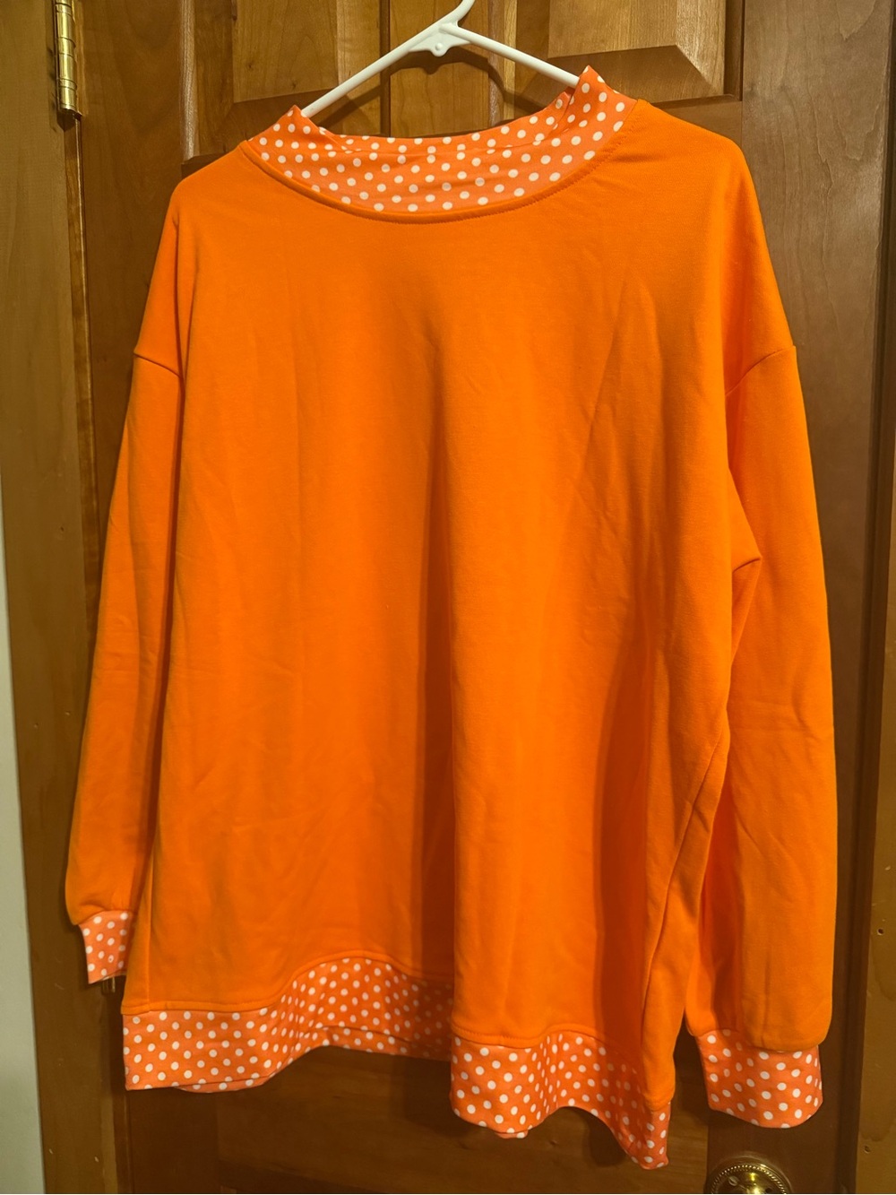 Women's Orange Long Sleeve Sweatshirt with Polka Dot Trim